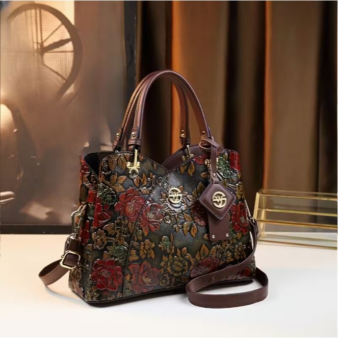 [Floral Handbag] Floral Handbag for Wo, Autumn Winter New Arrival, Hand-Painted Tote with Zipper Closure, Elegant Mom Purse