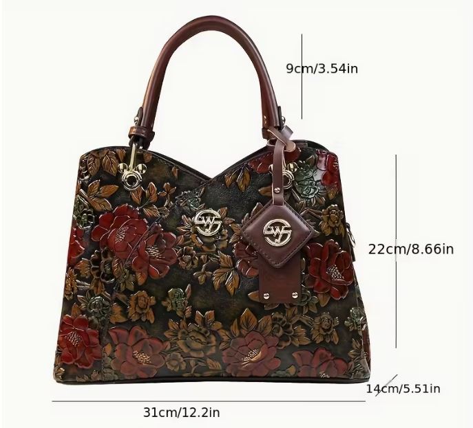 [Floral Handbag] Floral Handbag for Wo, Autumn Winter New Arrival, Hand-Painted Tote with Zipper Closure, Elegant Mom Purse