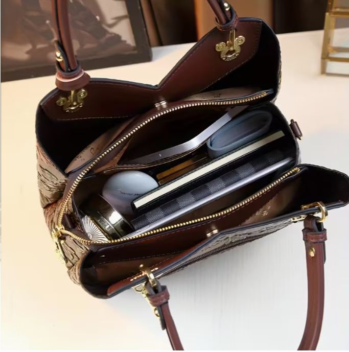 [Floral Handbag] Floral Handbag for Wo, Autumn Winter New Arrival, Hand-Painted Tote with Zipper Closure, Elegant Mom Purse