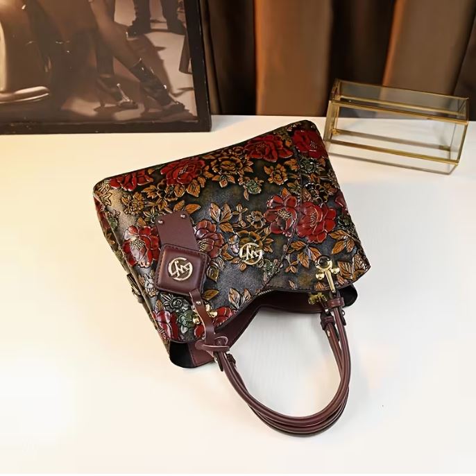 [Floral Handbag] Floral Handbag for Wo, Autumn Winter New Arrival, Hand-Painted Tote with Zipper Closure, Elegant Mom Purse