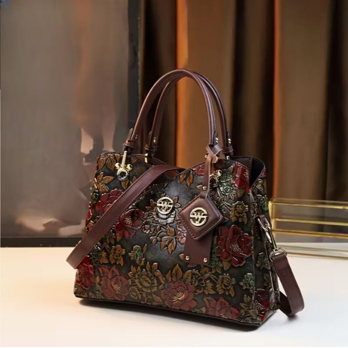 [Floral Handbag] Floral Handbag for Wo, Autumn Winter New Arrival, Hand-Painted Tote with Zipper Closure, Elegant Mom Purse