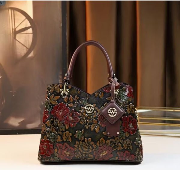 [Floral Handbag] Floral Handbag for Wo, Autumn Winter New Arrival, Hand-Painted Tote with Zipper Closure, Elegant Mom Purse
