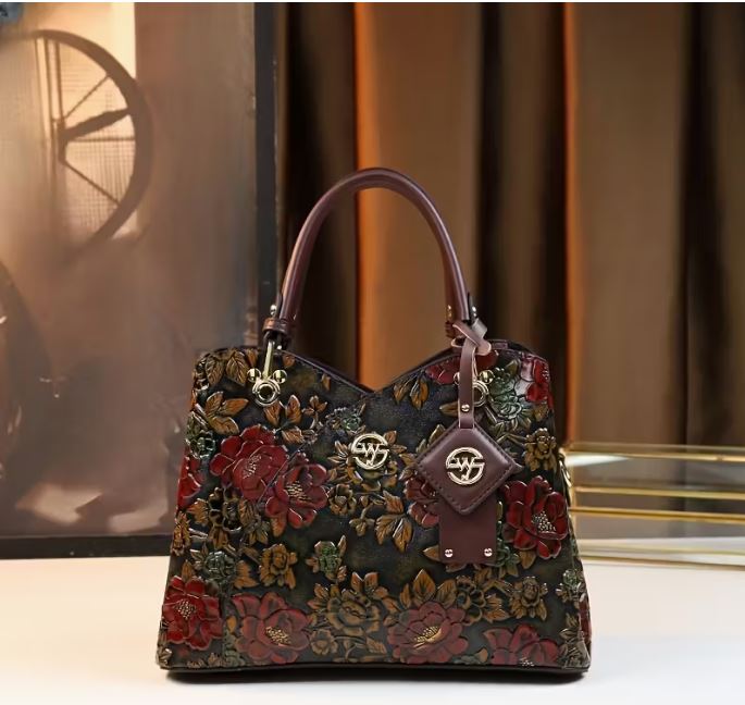 [Floral Handbag] Floral Handbag for Wo, Autumn Winter New Arrival, Hand-Painted Tote with Zipper Closure, Elegant Mom Purse