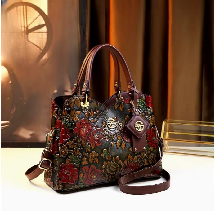 [Floral Handbag] Floral Handbag for Wo, Autumn Winter New Arrival, Hand-Painted Tote with Zipper Closure, Elegant Mom Purse